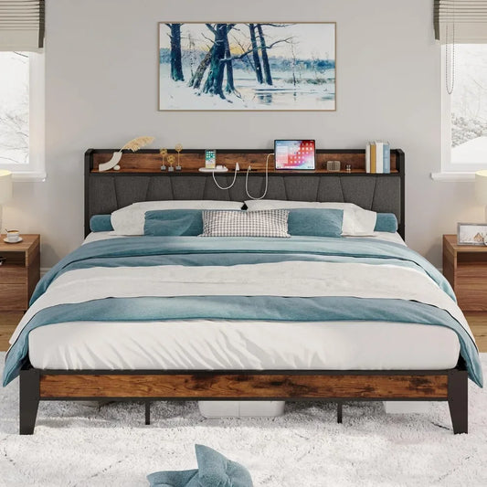 California king size bed frame, storage headboard with charging station,