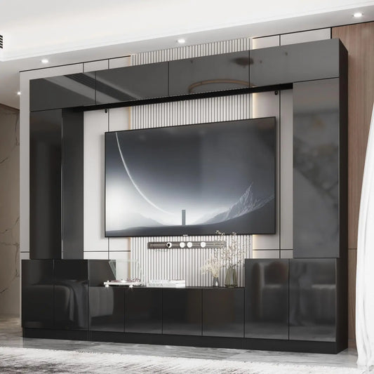 High Gloss Entertainment and Media Center with Doors and Shelves, TV Wall Unit with Bridge