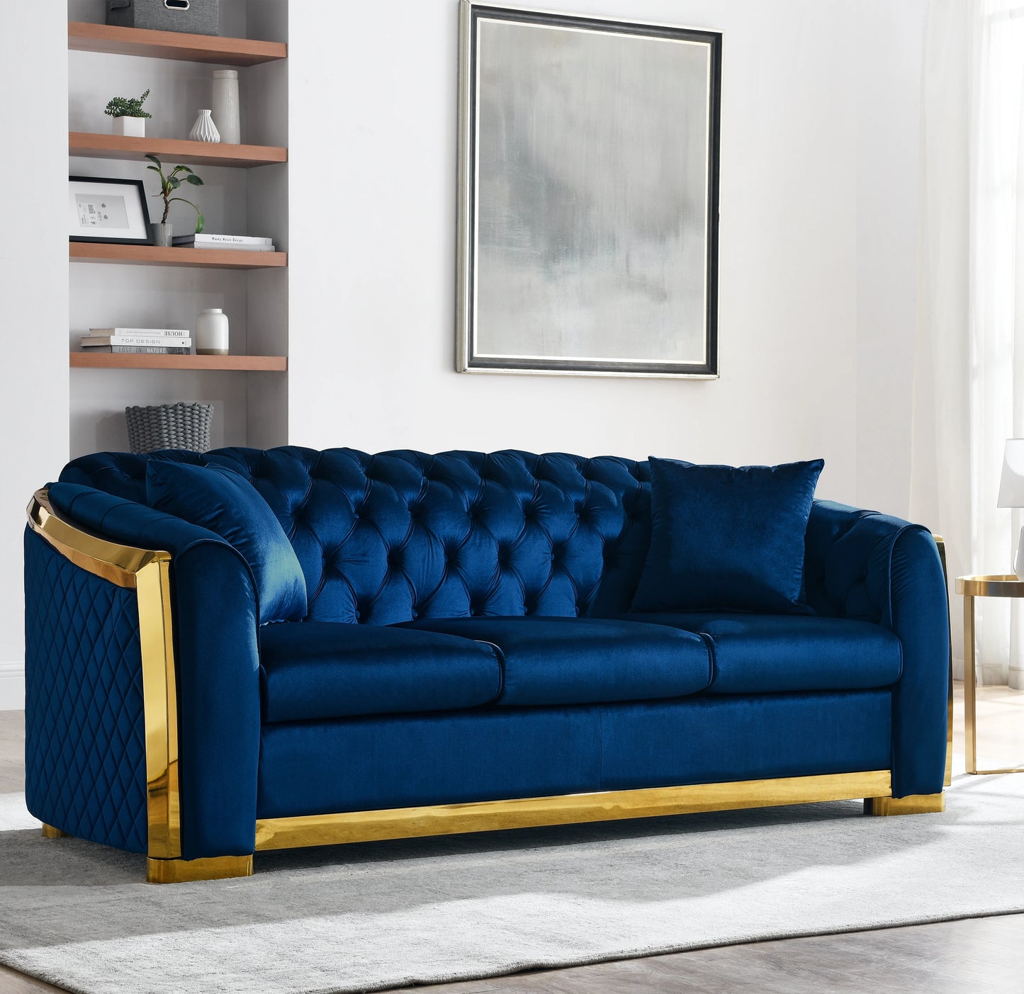 Velvet Luxury Chesterfield Sofa  Tufted 3 Seat with Gold Stainless