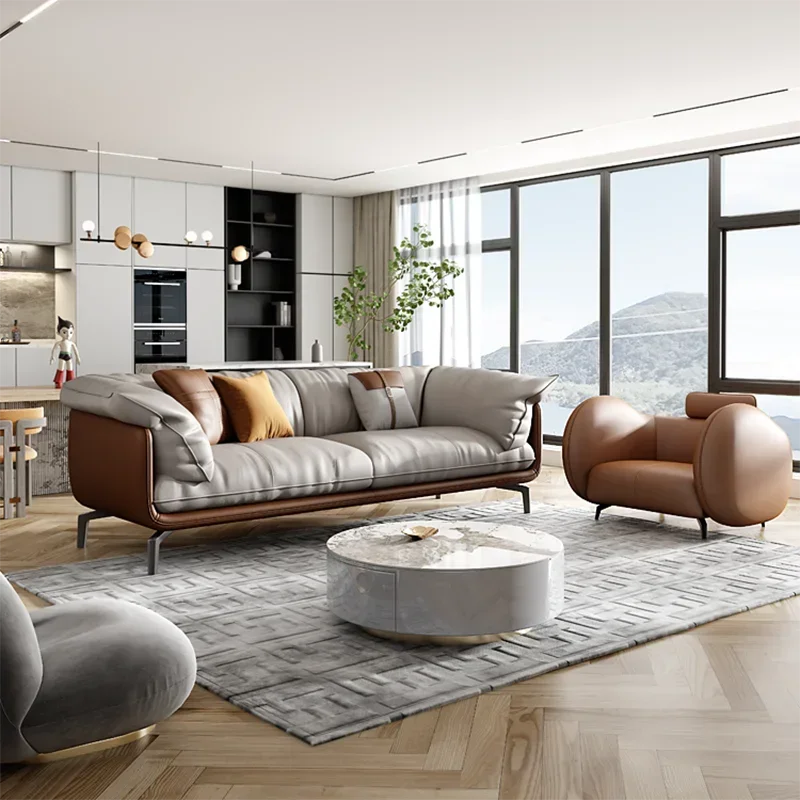 Nordic Simple Soft Sofa  Vintage Brown Girl 3 Seater Designer Leather Love Seat