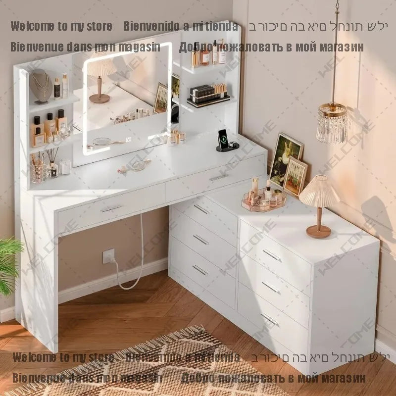 , Makeup Vanity Table with 8 Drawers & Open Shelves,  LED Lighted Mirror, Power Outlet