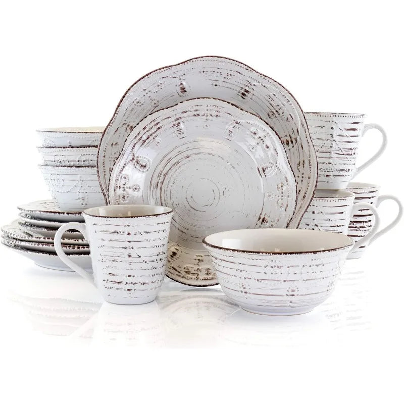 Rustic Birch 16 Piece Stoneware Set in Purple, with Brown Accents
