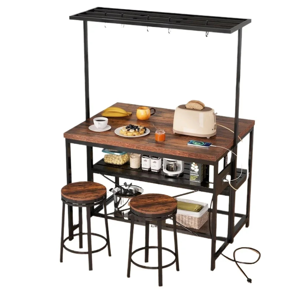 kitchen island table with Storage, Bakers Rack, Power Outlet, 3Tier Microwave Stand