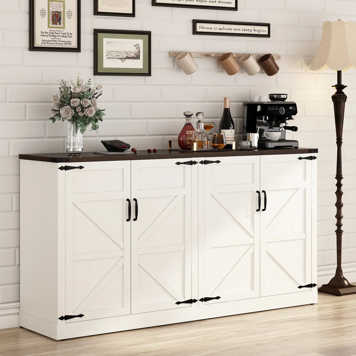 Sideboard Buffet Cabinet with Storage, Large Farmhouse Buffet Table Coffee Bar Modern Accent Cabinets