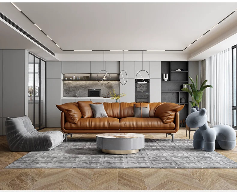 Nordic Simple Soft Sofa  Vintage Brown Girl 3 Seater Designer Leather Love Seat