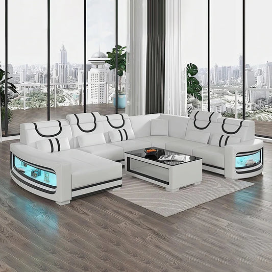 Italian Genuine Leather Sofa - 2 Colors Combination, LED Light & Soft Cushions