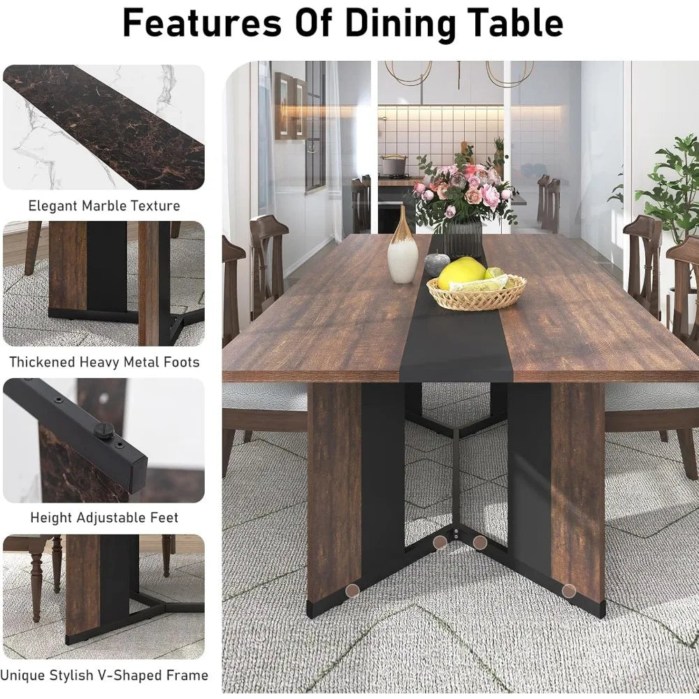 Large, rectangular  brown table, moisture resistant tabletop, adjustable legs