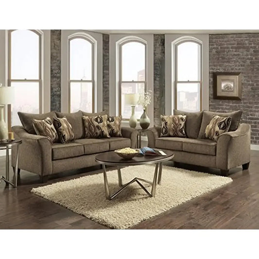 Made in America Easy Assembly Ships, Brown Fabric sofa and Loveseat with Overstuffed Back cushions, high density Foam dest