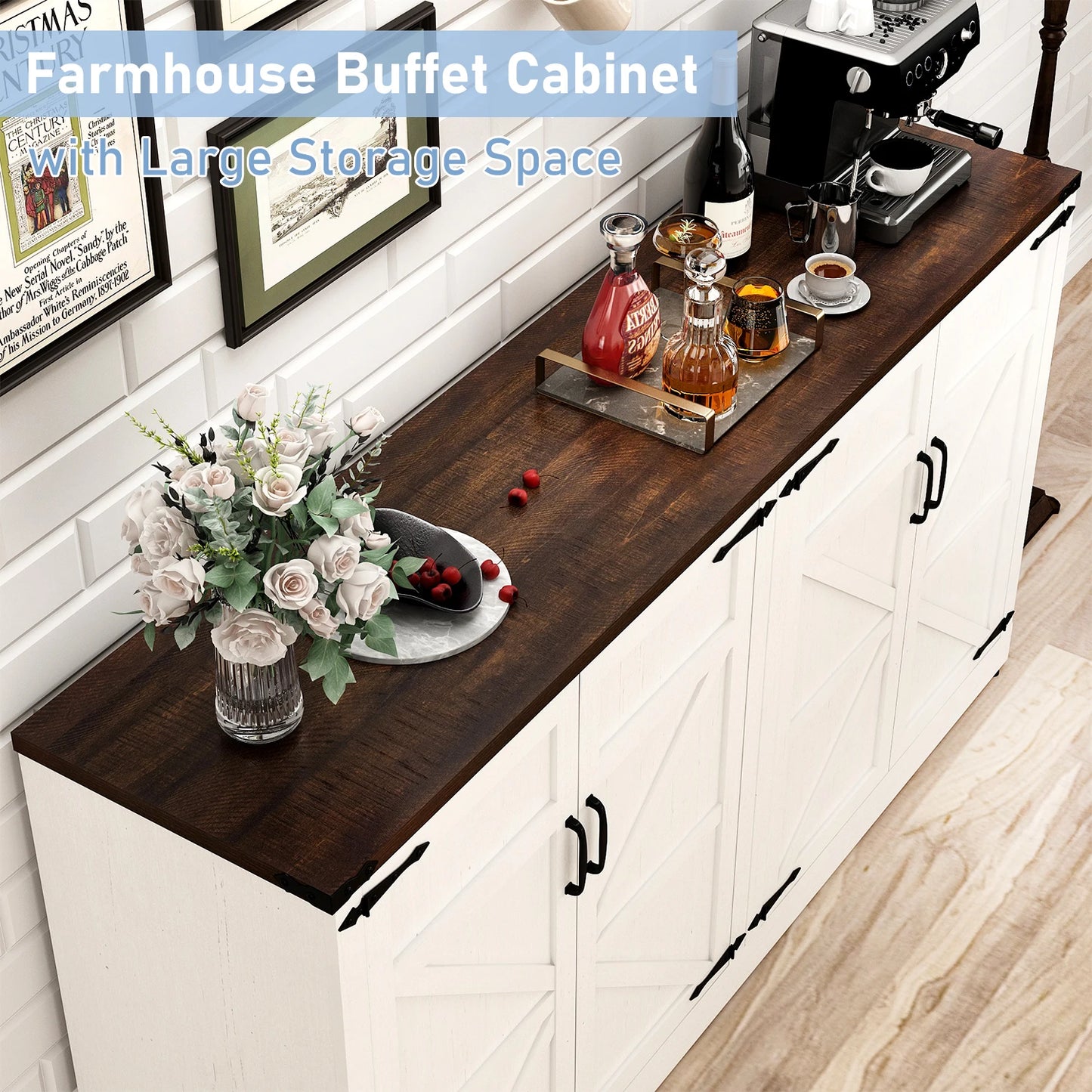 Sideboard Buffet Cabinet with Storage, Large Farmhouse Buffet Table Coffee Bar Modern Accent Cabinets