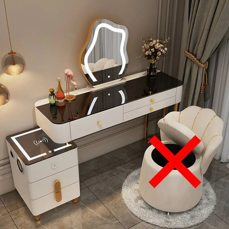 Nordic Vanity Glass Luxury table with charging wireless, nightstand with cloud mirror