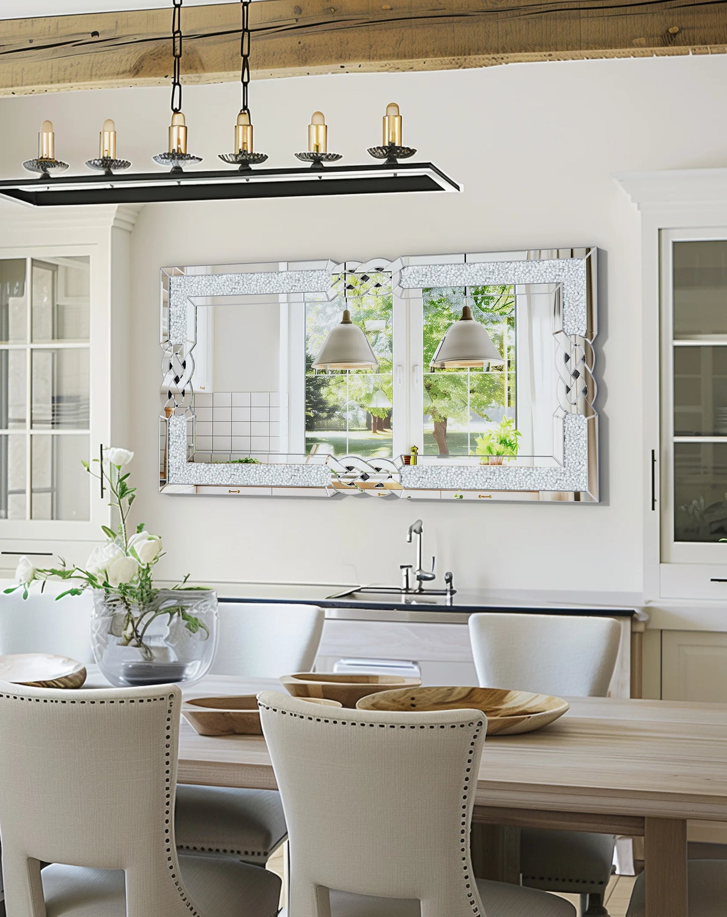 Rectangular Wall Mirror Luxury Silver , Crystal Crush Diamond Decor