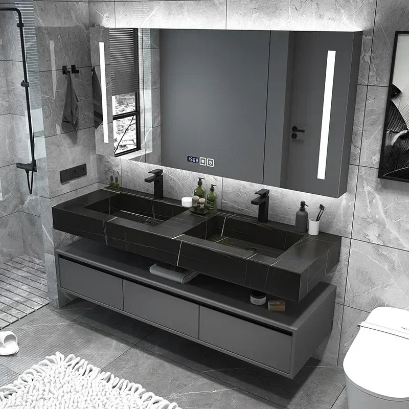 Modern Vanity with Sink Combo Sintered Stone Countertop. Freestanding Storage cabinet