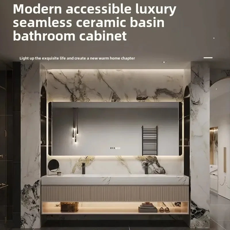 French Light Luxury Rock Slab Seamless Double Basin Cabinet Combination Solid Wood Washbasin Cabinet