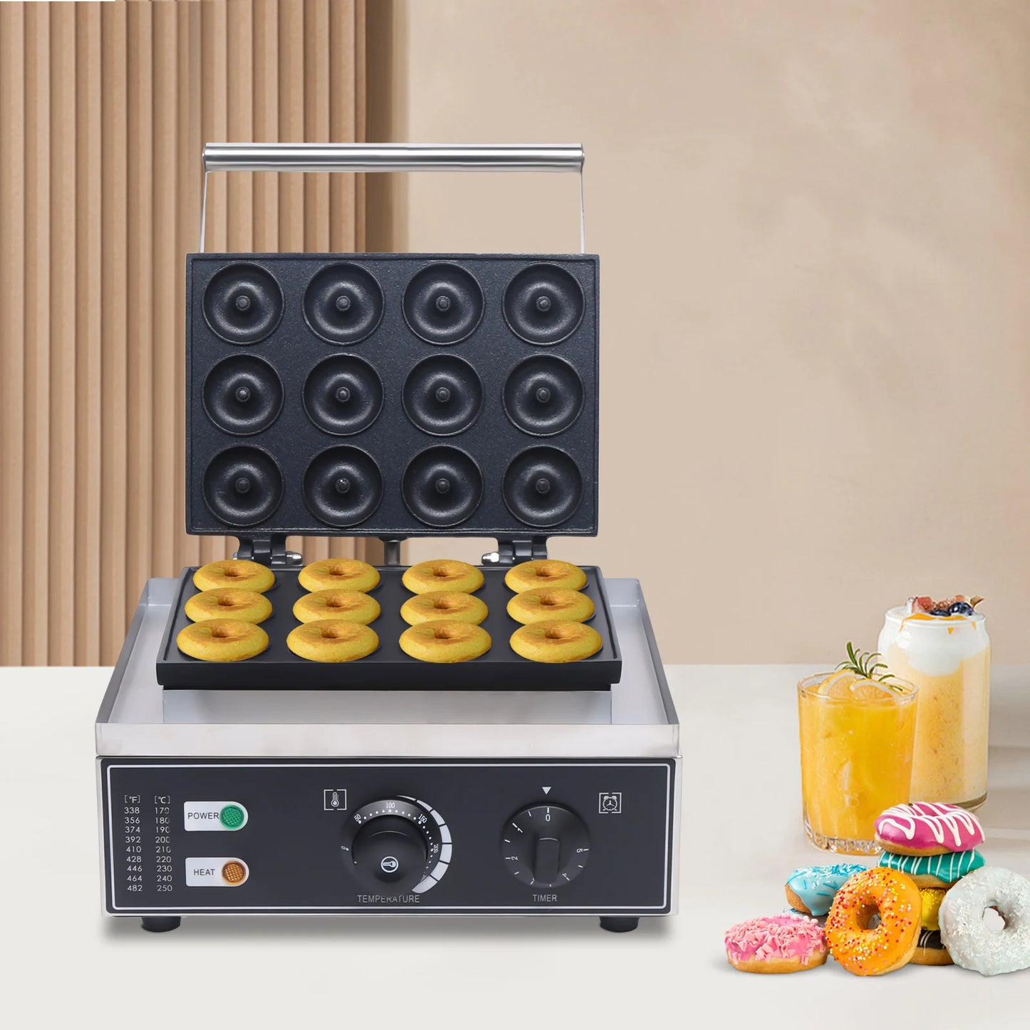 12-Grid Donut Maker, Stainless Steel Electric Non-Stick Round, 5cm Donut, Time & Temperature Control