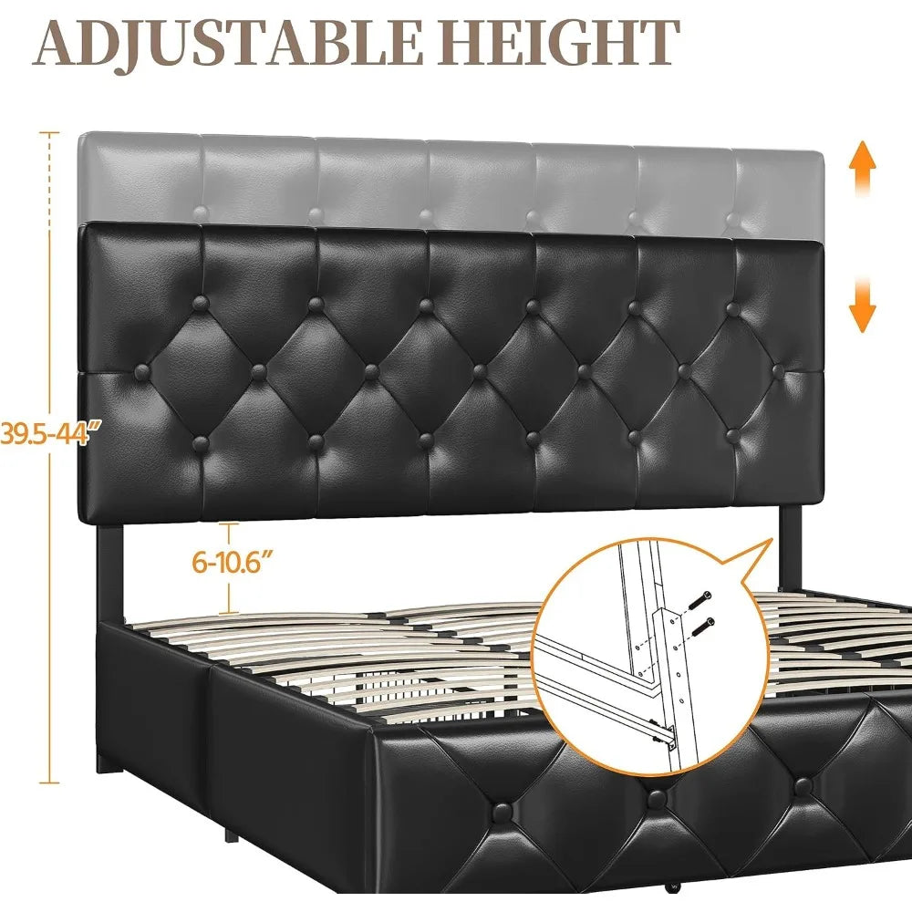 Platform Bed, Frame, Upholstered, Faux Leather, 4 drawers