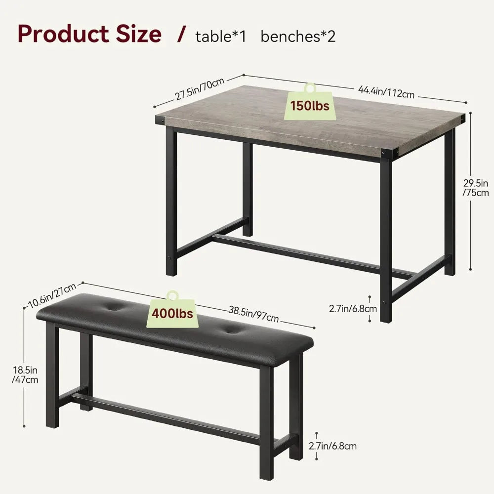 Rectangular  Table Set for 4,  2 Upholstered Benches