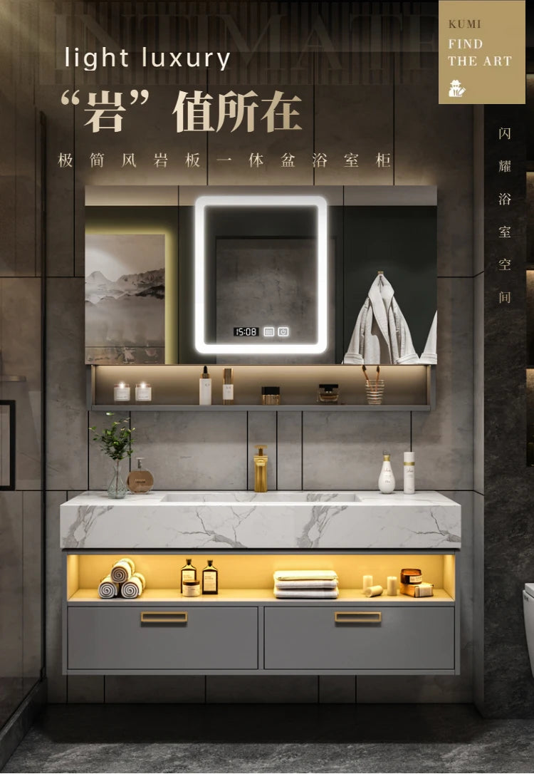 Solid Wood Vanity Cabinet With Wash Basin, Mirror, Light