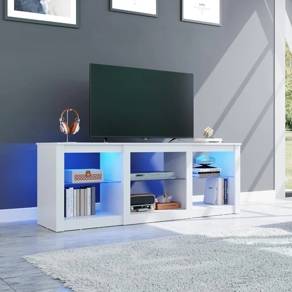 Stand with LED Lights, Entertainment Center with Glass Shelves, Modern Console