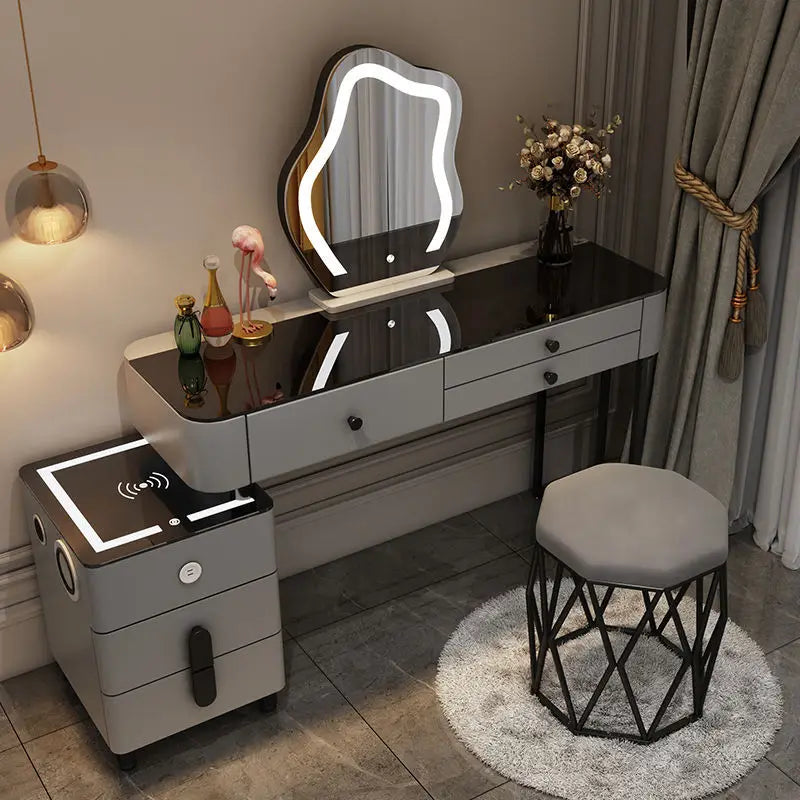 Nordic Vanity Glass Luxury table with charging wireless, nightstand with cloud mirror