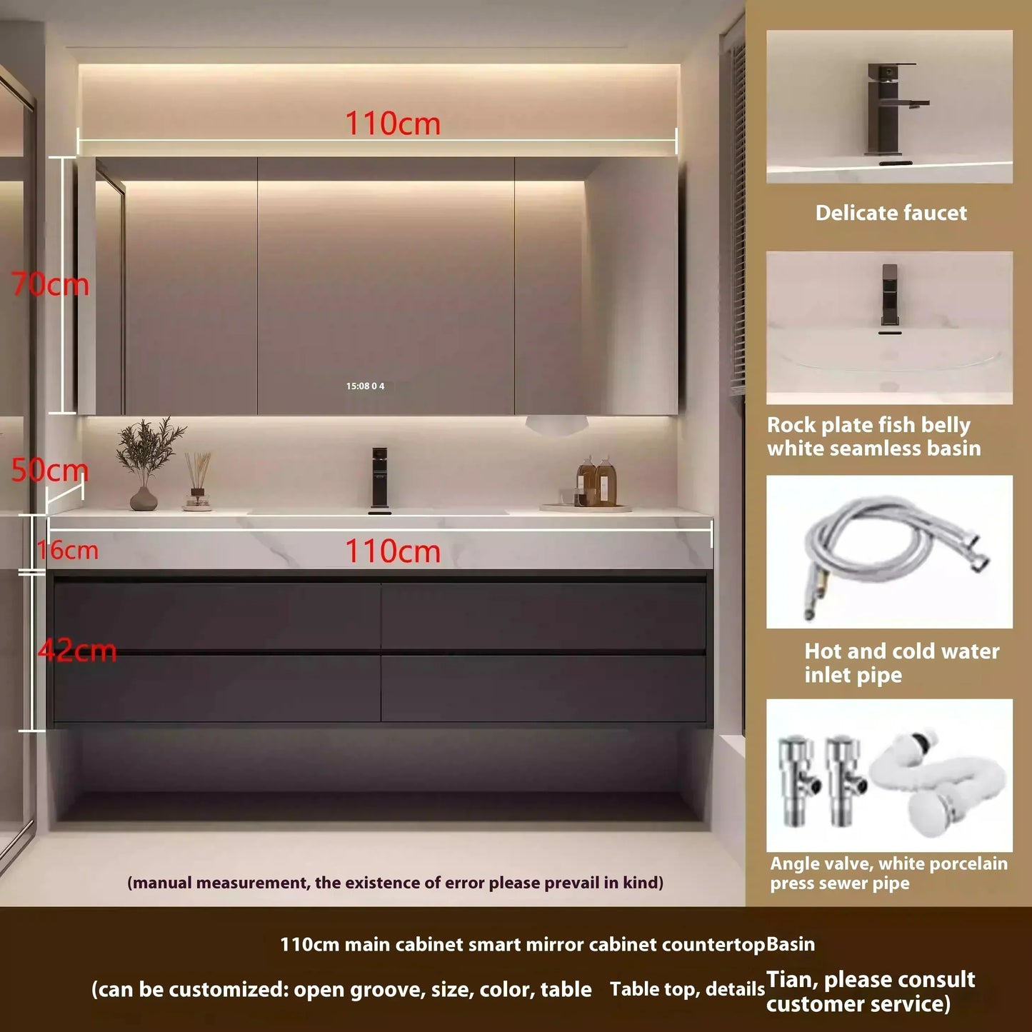 Wooden Cabinet Storage, Double column washbasin, closed wall shelf with drawer