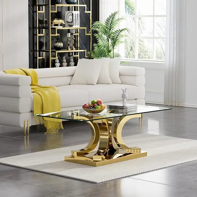 Glass Coffee Table with Gold 4C Stainless Steel Metal Leg, 47" Rectangular Clear Tempered Glass Center