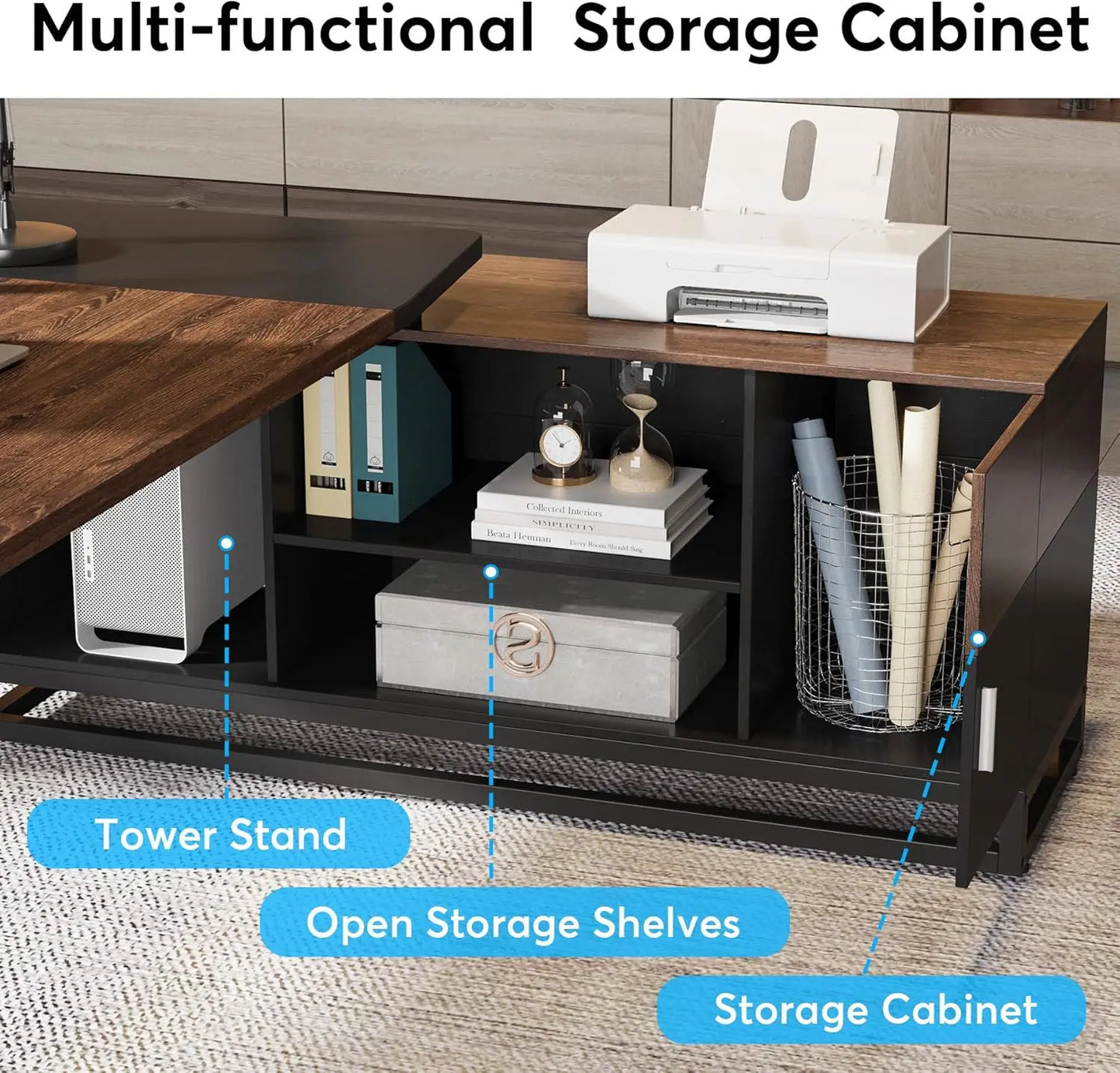 Executive and  Lateral File Cabinet, Large L-Shaped Desk with Storage Cabinet , Shelves