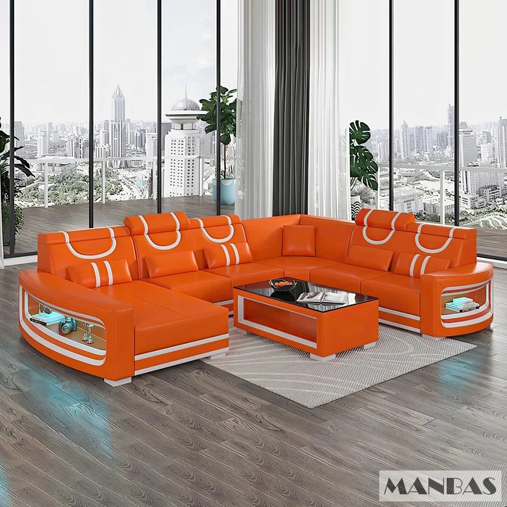 Italian Genuine Leather Sofa - 2 Colors Combination, LED Light & Soft Cushions