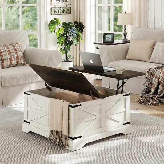 Lift Top Table,Square,  Wood Center Rustic, Cocktail White Moder, hidden storage