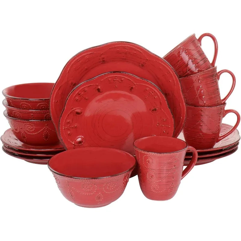 Rustic Birch 16 Piece Stoneware Set in Purple, with Brown Accents