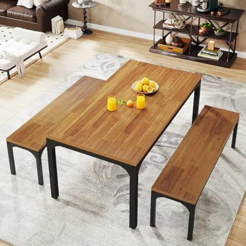 Large Wooden Rectangular Table  Set for  6, 2 benches