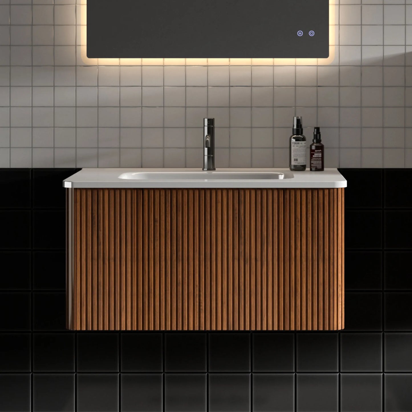 Striped Walnut Wall mounted floating vanity with white ceramic sink