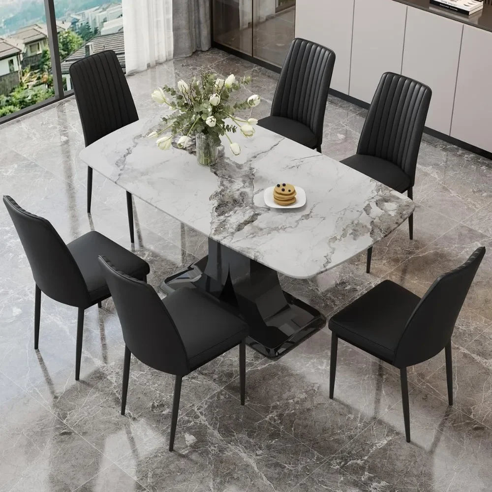 ,White Marble Pattern Table with 6  Chairs, 6 Piece  Set