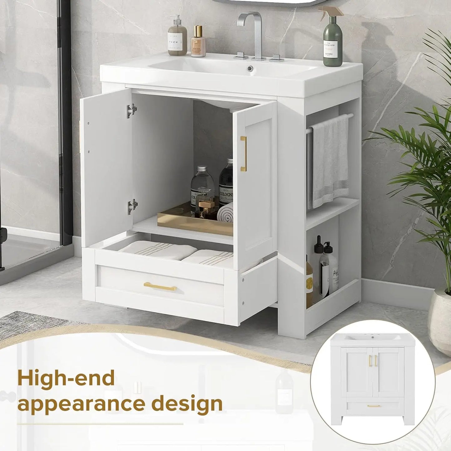 Wood  storage cabinet with drawer Side S, freestanding single vanity with sink