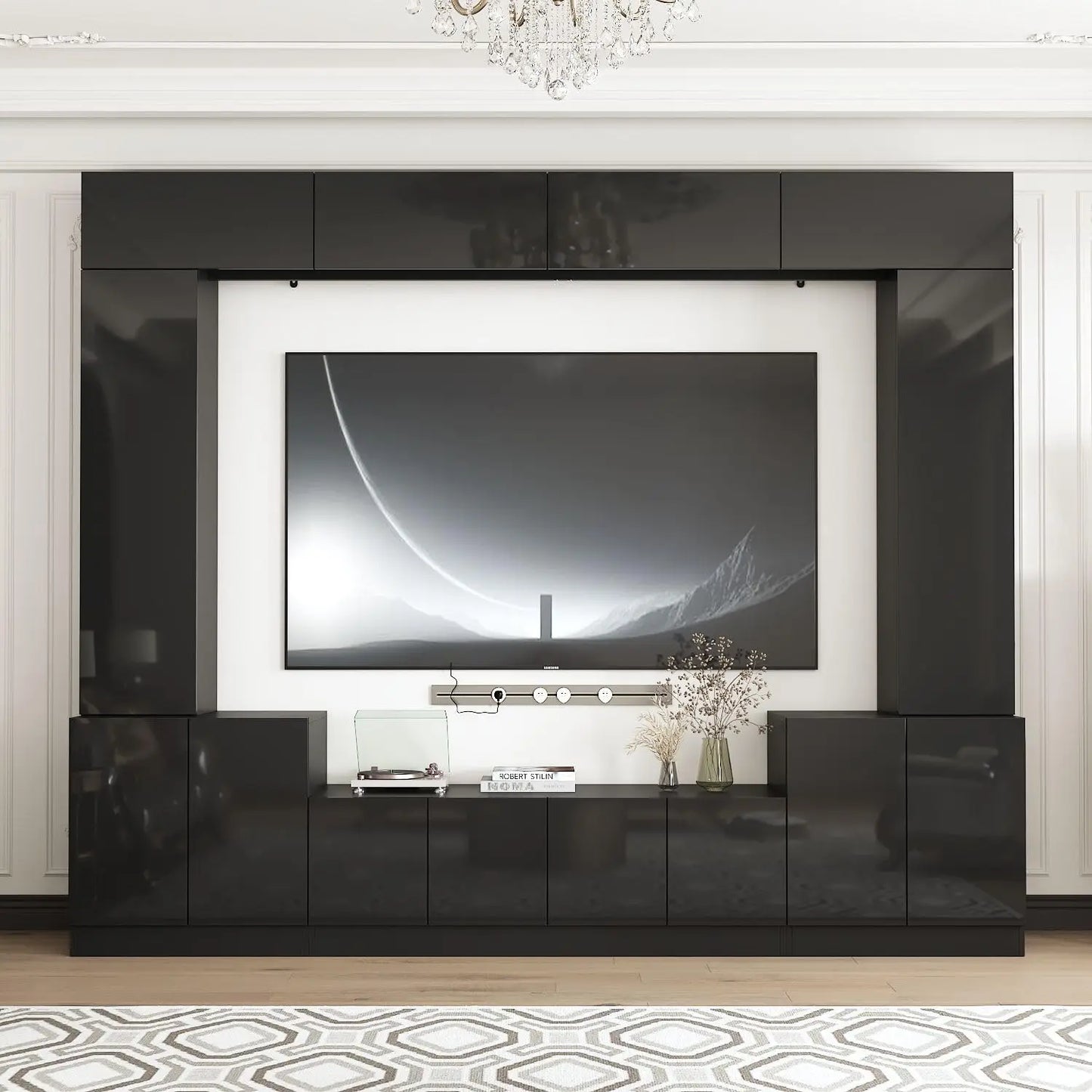 High Gloss Entertainment and Media Center with Doors and Shelves, TV Wall Unit with Bridge
