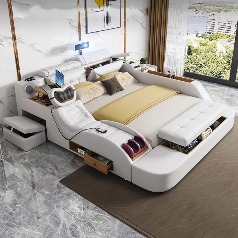 Matrimoniale Beauty Design Multifunctional Wooden  Smart Headboards, Double Modern Princess Bed