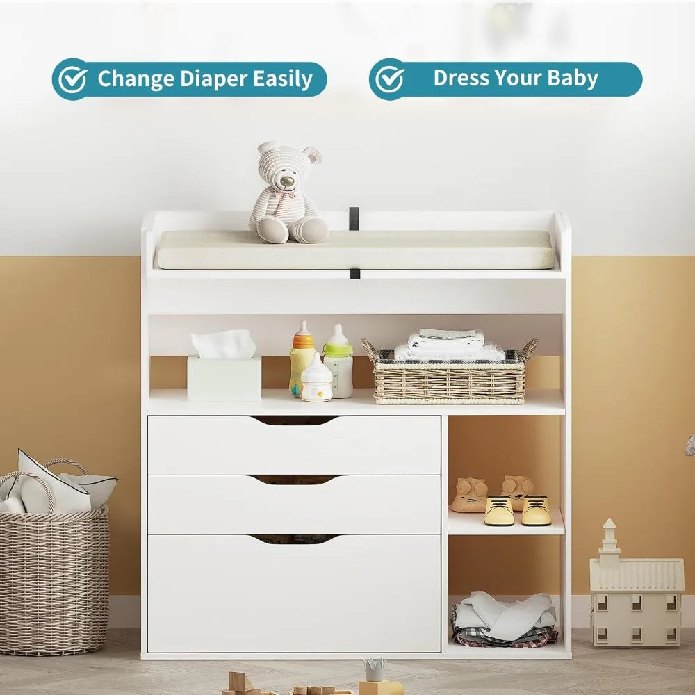 Baby Changing Table Dresser with 3 Drawers and storage shelves