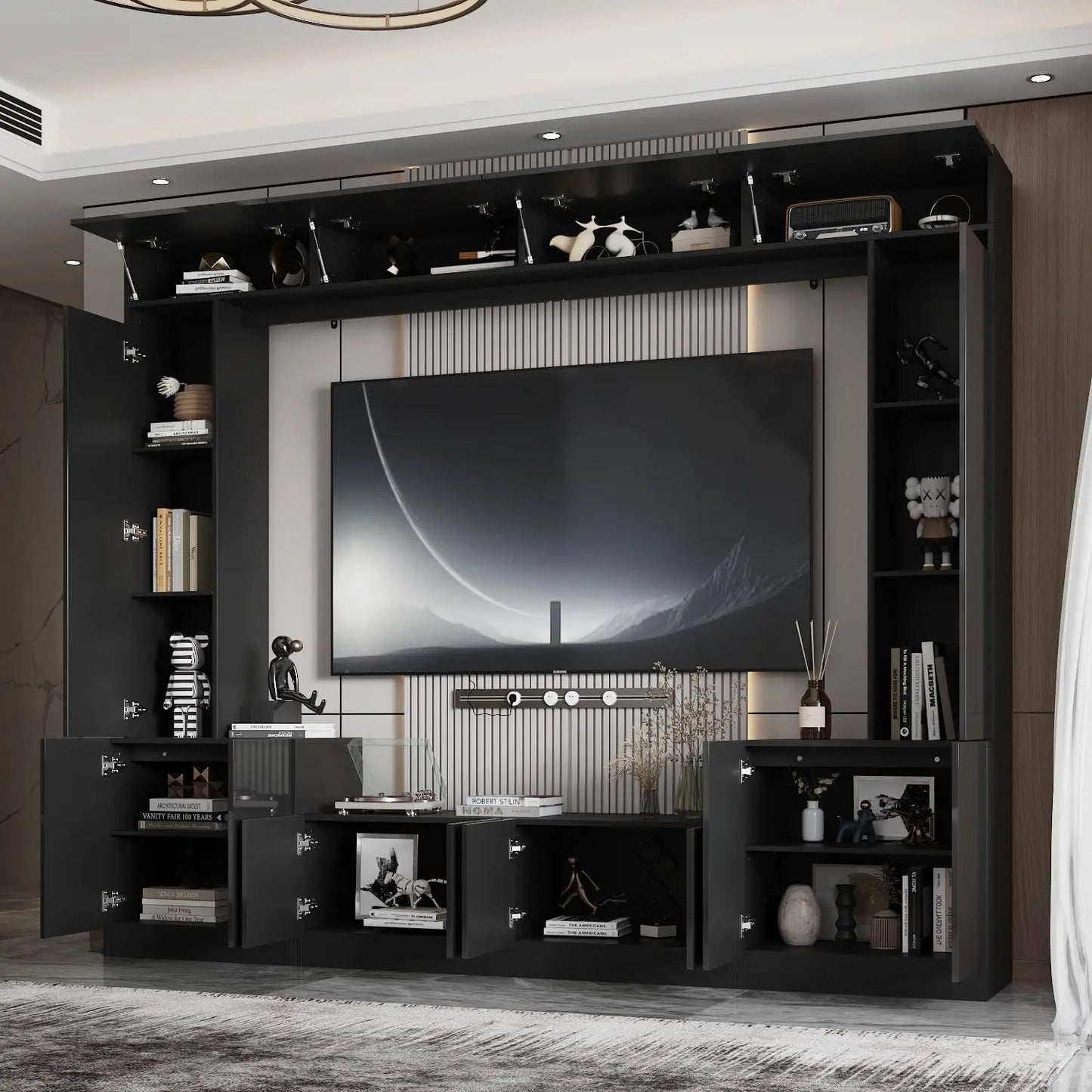 High Gloss Entertainment and Media Center with Doors and Shelves, TV Wall Unit with Bridge