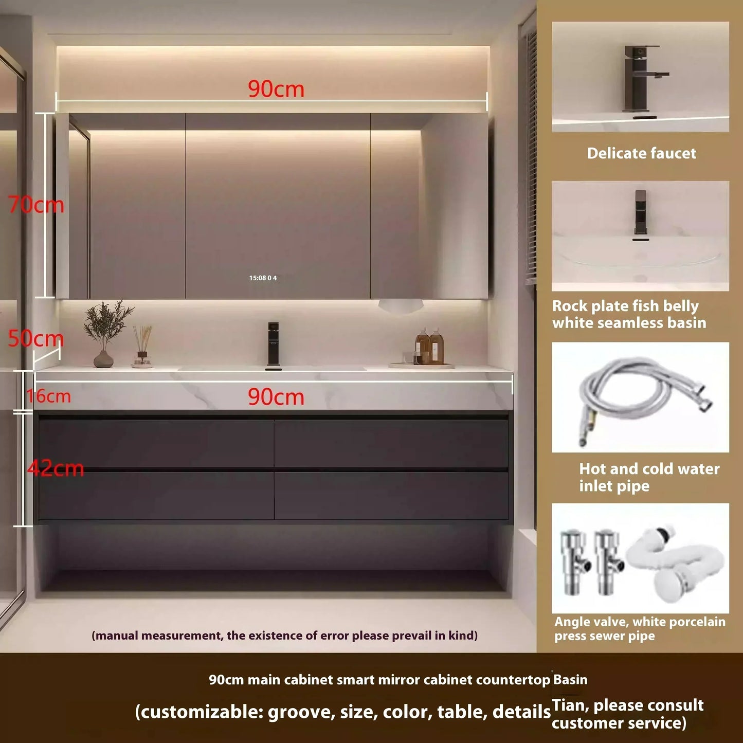 Wooden Cabinet Storage, Double column washbasin, closed wall shelf with drawer