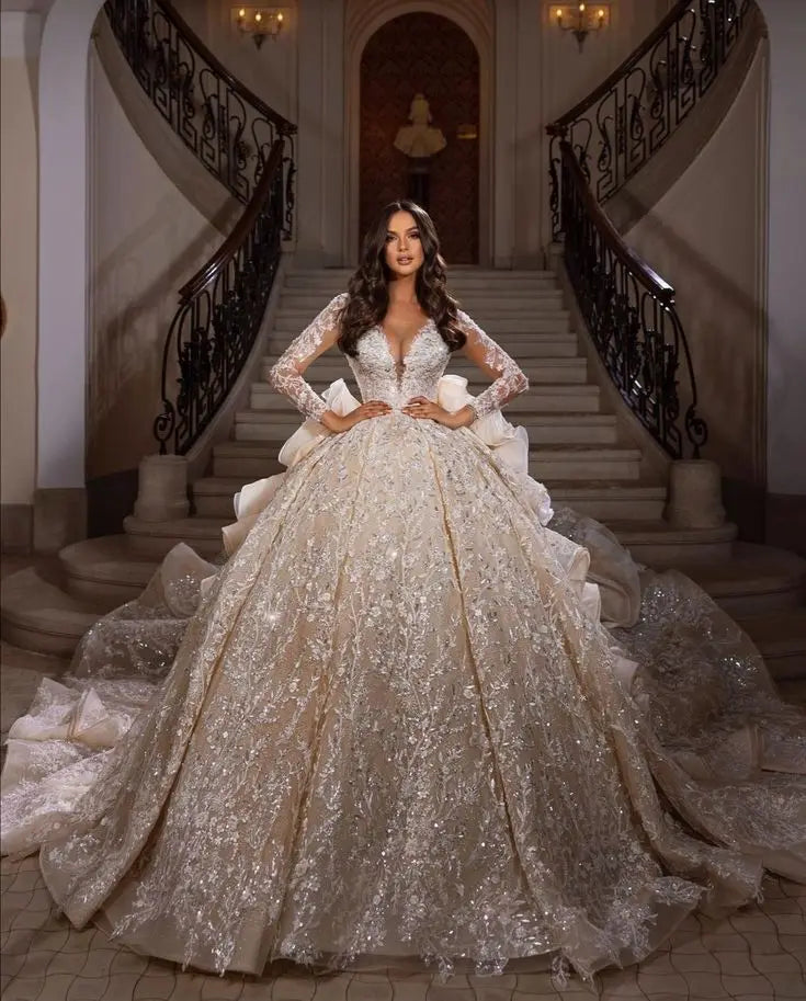 Vintage Queen Luxury Cathedral Bridal Gowns,  Wedding Dress , glitter, sequins, long sleeves, ruffles