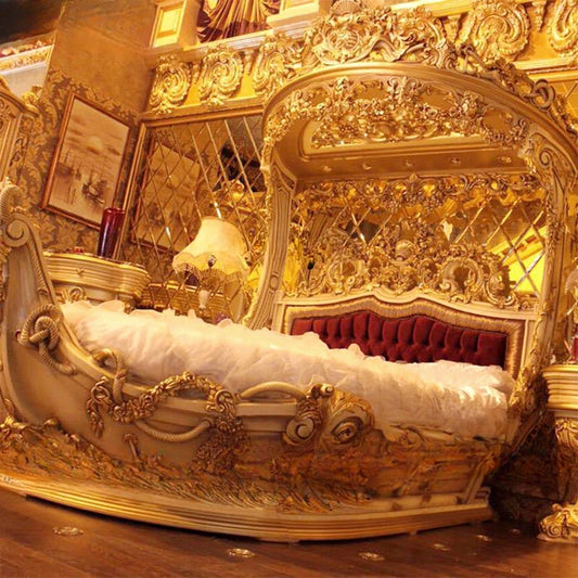 Princess Villa European Style Wood Carved Double Bed, Boat Style, French Fabric