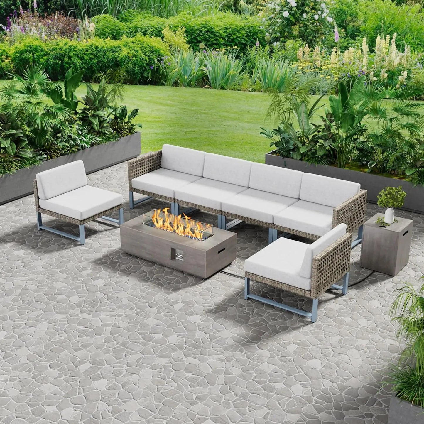Outdoor  Sectional Couch Table and Chairs Set with .light brown wicker, [propane firepit