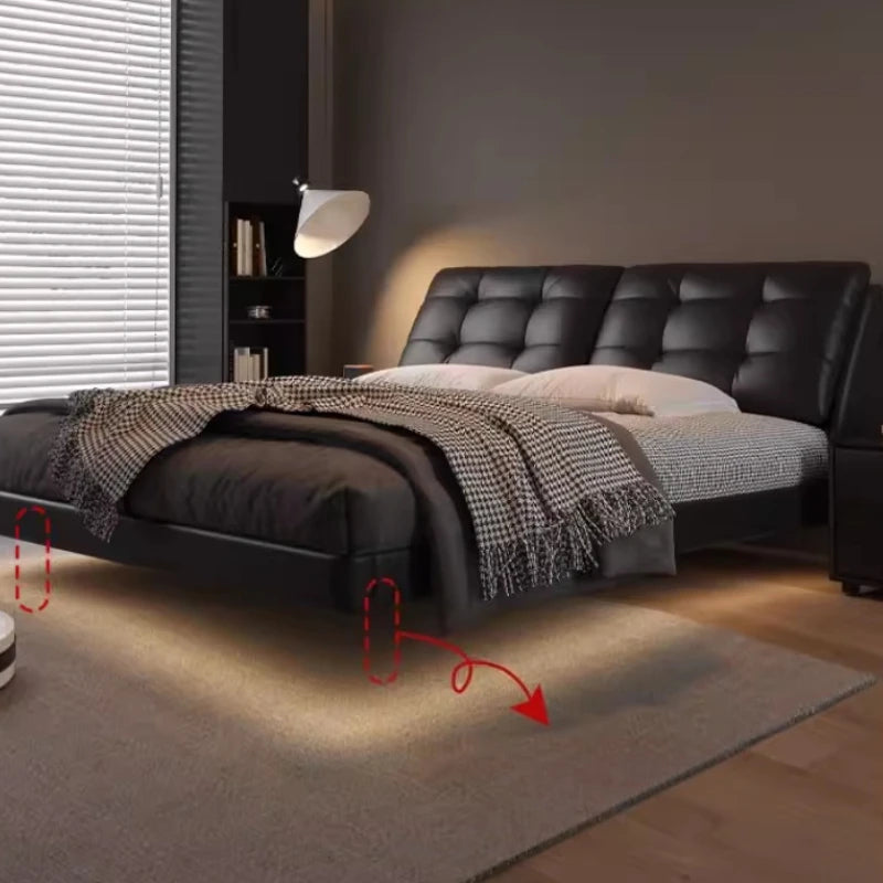 Nordic White Modern  Bed Simple Wooden King Size Leather Bed