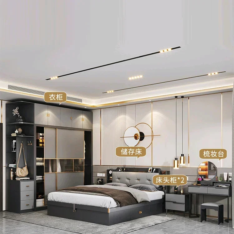 Minimalist Double Bedroom Set  elegant Black  Modern Full  Set Design Dresser Storage