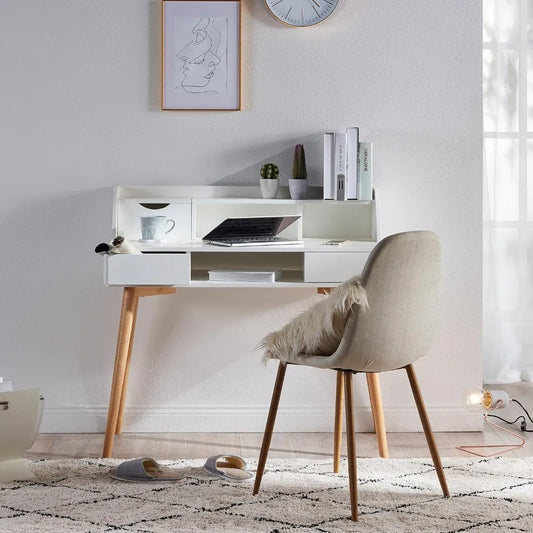 Computer Desk with Solid Wood Legs, Storage Drawers Open Shelves