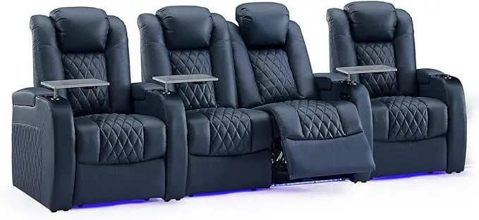 Top Grain Leather Recliner  Dual Power  Electric Headrest with Tray Table Type-C USB ,Black Cup Holders