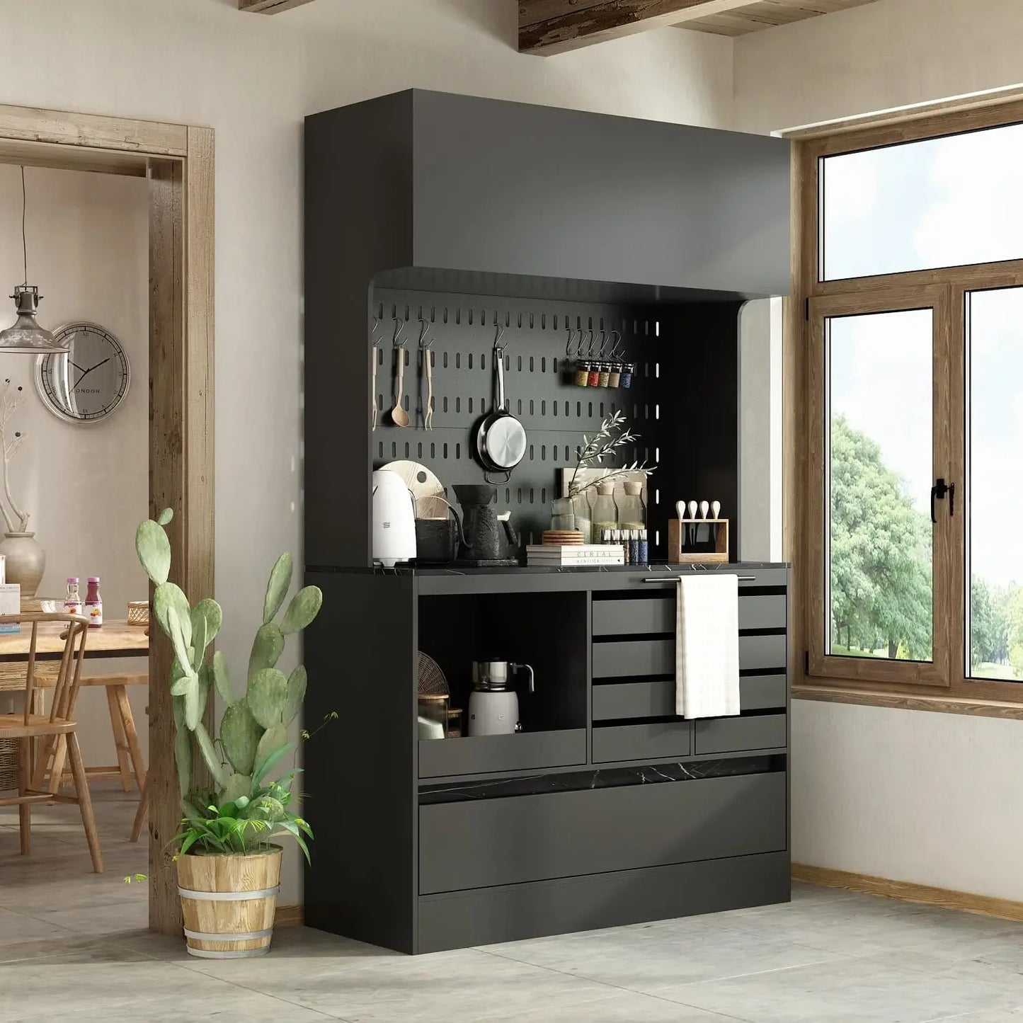 Large  Pantry Storage Cabinet with 9 Drawers , Open Shelf Buffet Cupboard