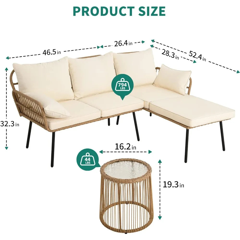 3 Pieces Patio Furniture Set, Outdoor Wicker  Sectional L-Shaped Sofa,  4 Seater