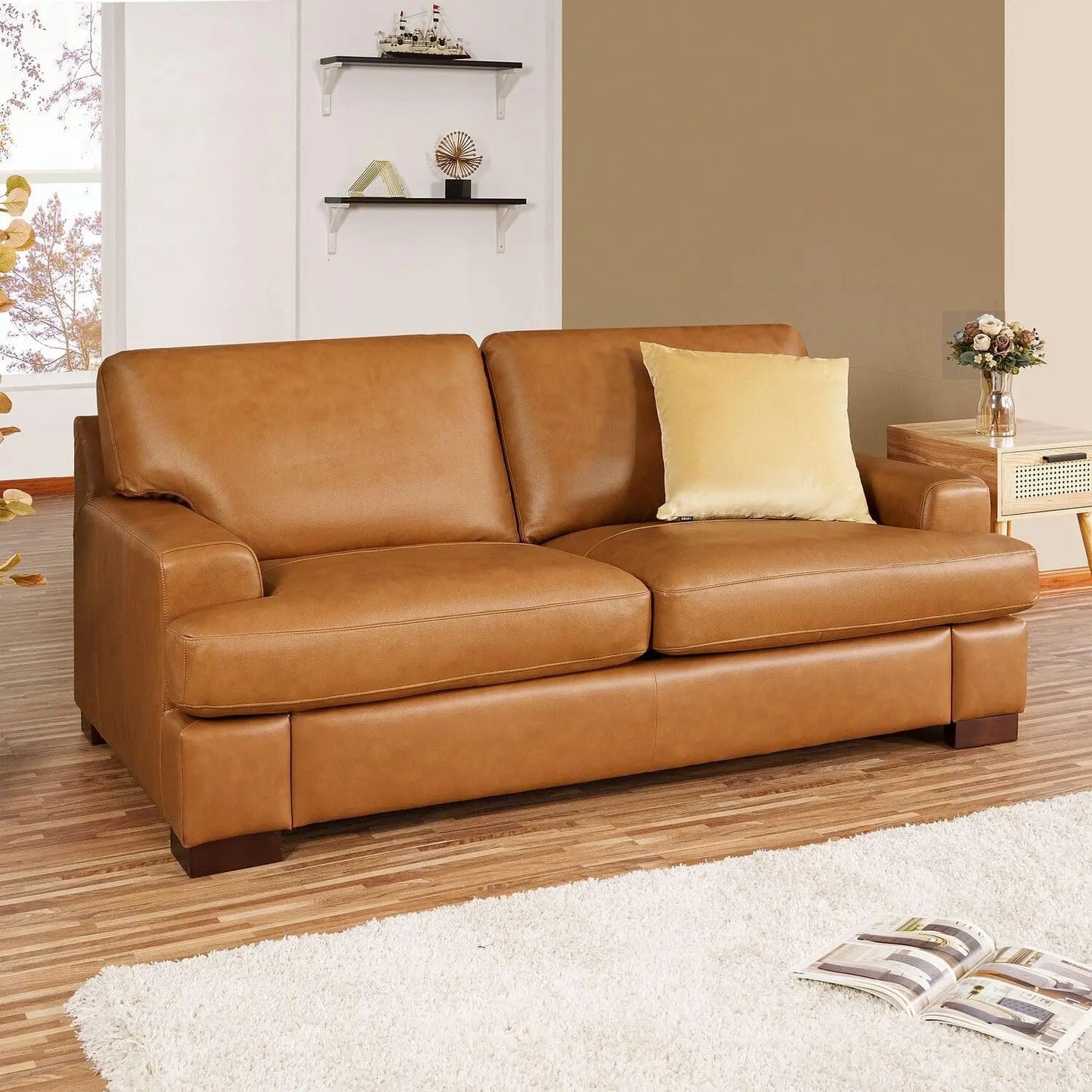 Genuine Leather Sofa Tan Sturdy Block  Legs Luxurious Goose Feather Cushion Filling Square Arm Design