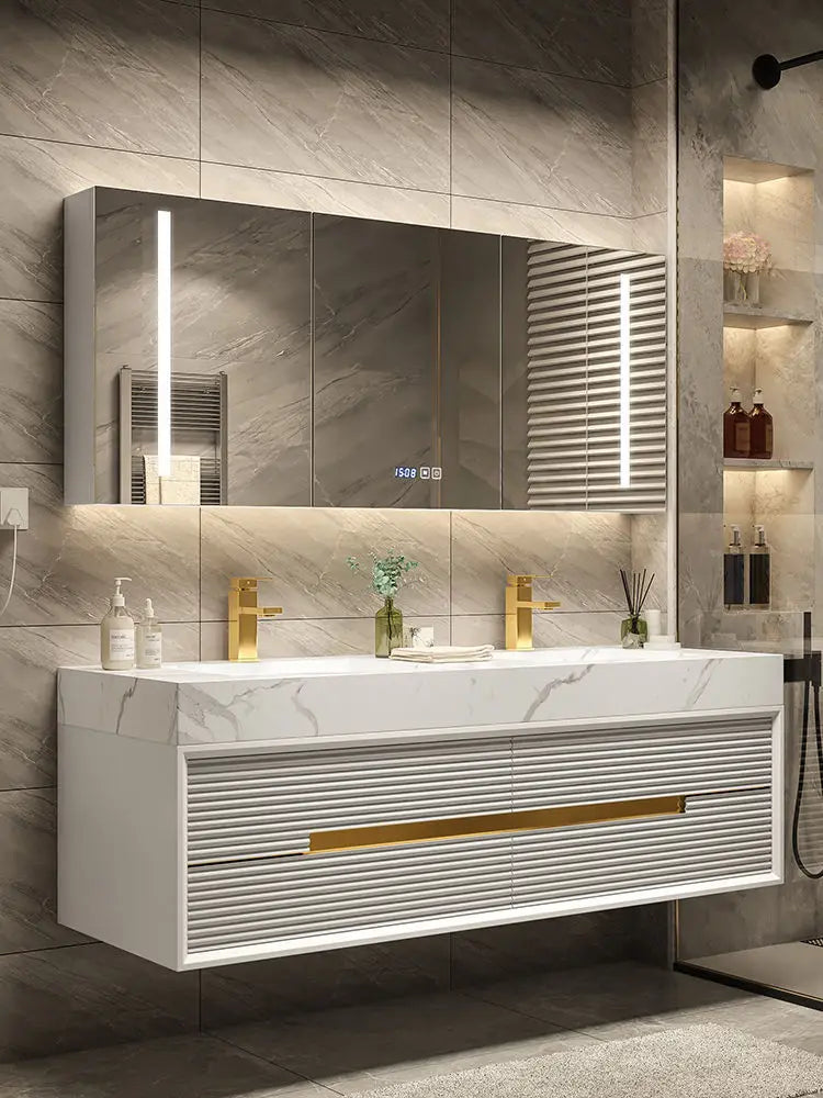 Light Luxury  Combination Suit Oak Milk Tea Color Cabinet Rock Plate Washstand Modern Toilet Wash Basin