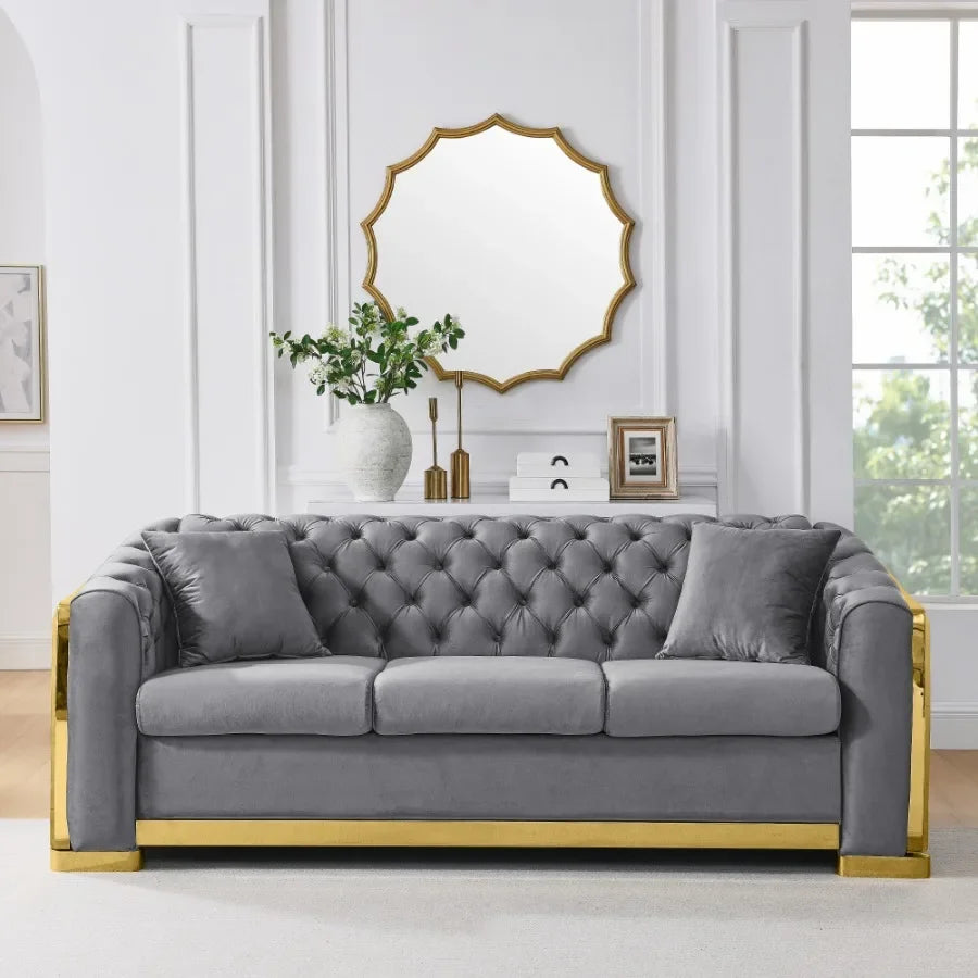 Velvet Luxury Chesterfield Sofa  Tufted 3 Seat with Gold Stainless